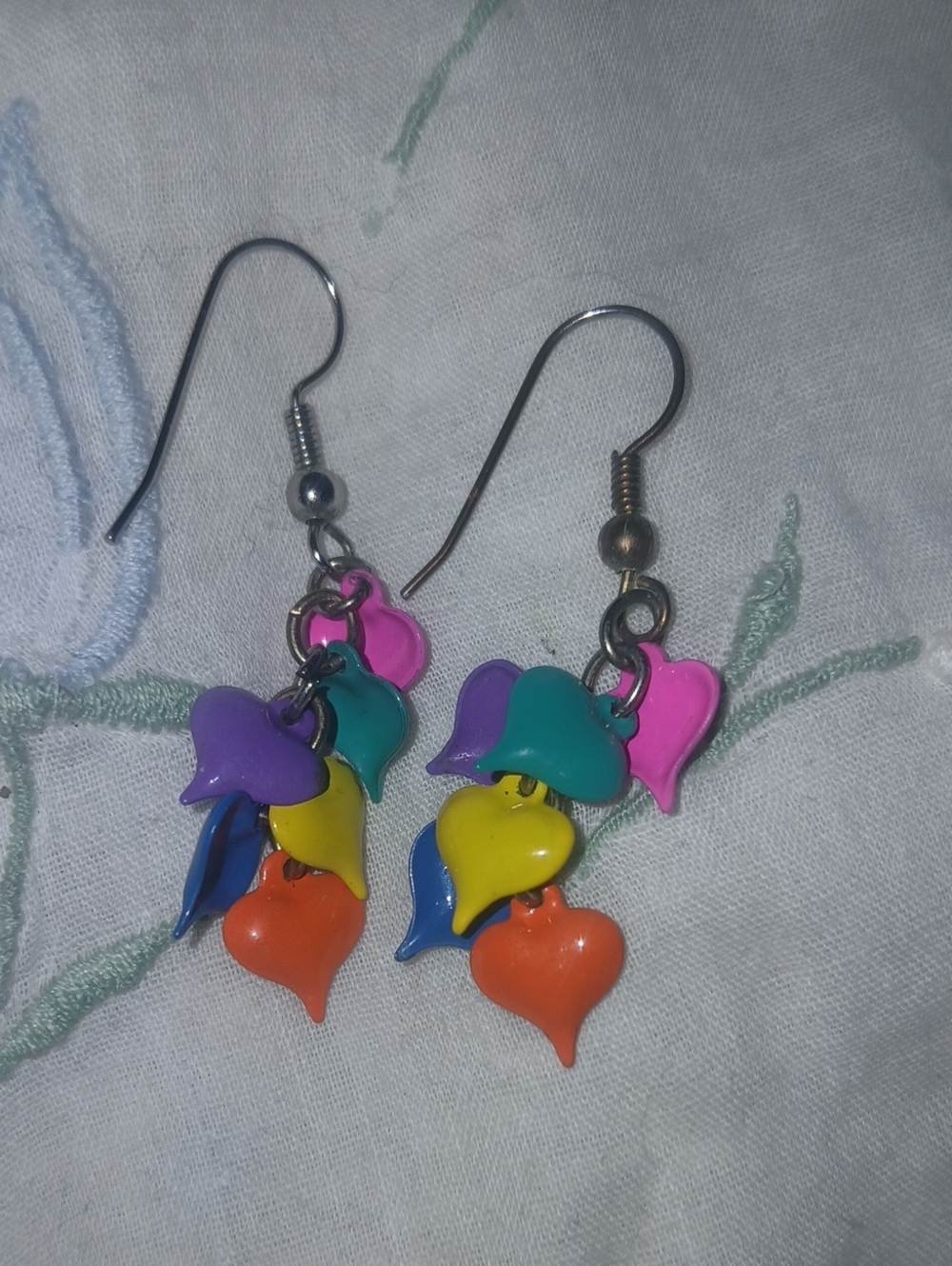 Vintage 80s Rainbow Heart Cluster Dangle Earrings